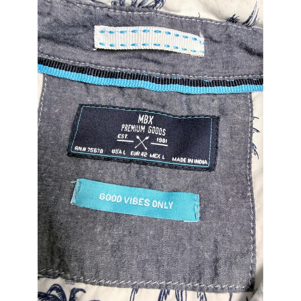 MBX Premium Goods Mens Large White Blue Palm Tree Sailboat Cotton Button Up Shir